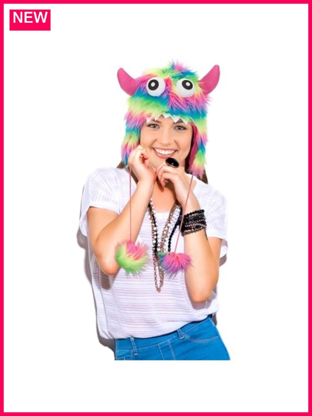 Furry Monster Costume Hat with Googly Eyes & Horns for Halloween Birthday Party